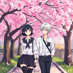 A romantic scene set in Tokyo, where Takashi and Suiren are walking on a footpath under a beautiful sakura tree