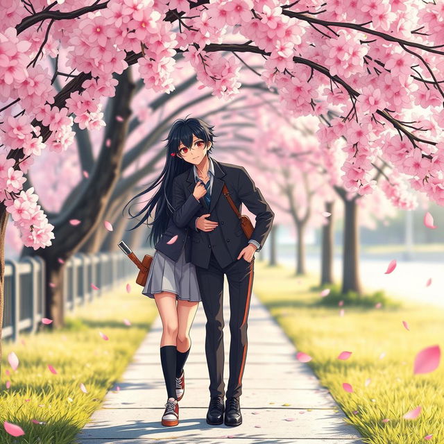 A romantic scene set in Tokyo, where Takashi and Suiren are walking on a footpath under a beautiful sakura tree