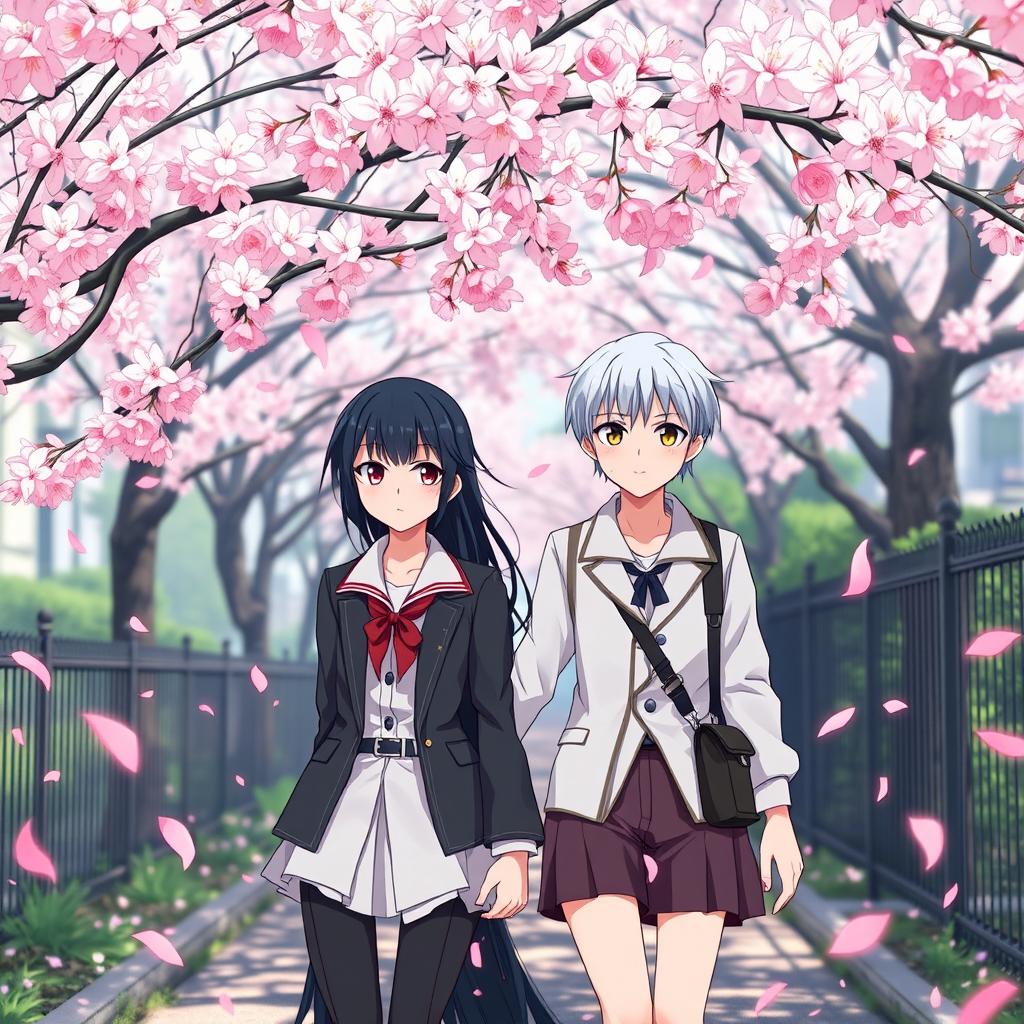 A romantic scene set in Tokyo, where Takashi and Suiren are walking on a footpath under a beautiful sakura tree