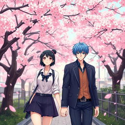 A romantic scene set in Tokyo, where Takashi and Suiren are walking along a footpath beneath a stunning sakura tree
