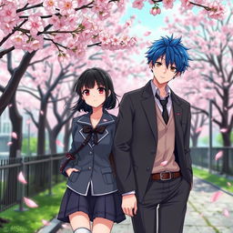 A romantic scene set in Tokyo, where Takashi and Suiren are walking along a footpath beneath a stunning sakura tree