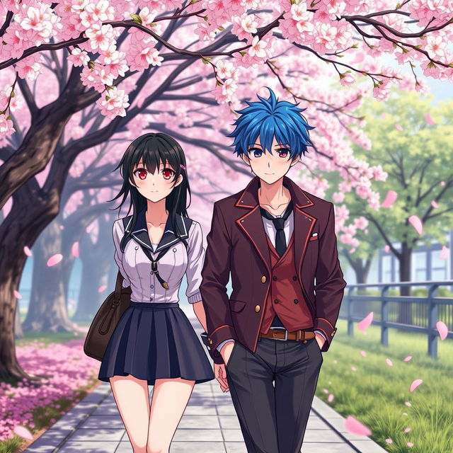 A romantic scene set in Tokyo, where Takashi and Suiren are walking along a footpath beneath a stunning sakura tree