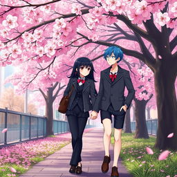 A romantic scene set in Tokyo, where Takashi and Suiren are walking along a footpath beneath a stunning sakura tree