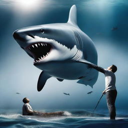 The world's largest Godzilla-like shark devouring an incredibly small shark, in a hyper-realistic style.