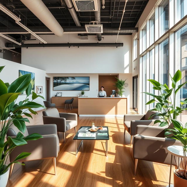 A modern medical clinic interior, featuring sleek furniture and vibrant green plants