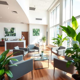 A modern medical clinic interior, featuring sleek furniture and vibrant green plants