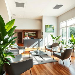 A modern medical clinic interior, featuring sleek furniture and vibrant green plants