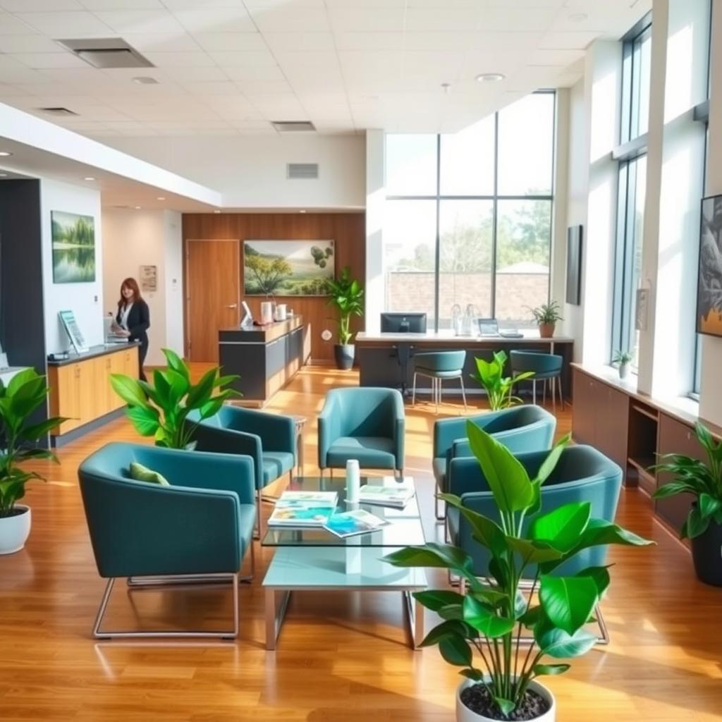 A modern medical clinic interior, featuring sleek furniture and vibrant green plants