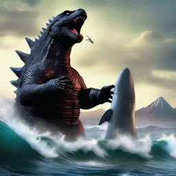 The world's largest Godzilla devouring an extremely small shark, depicted in a hyper-realistic style.