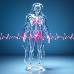A surreal representation of a transparent, frozen human figure, encapsulated in a medical context