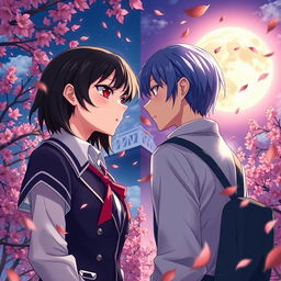 A romantic and dramatic scene from a spy fiction novel set in Tokyo, featuring Takashi and Suiren standing in opposite directions, gazing at each other