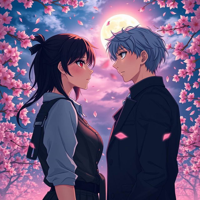 A romantic and dramatic scene from a spy fiction novel set in Tokyo, featuring Takashi and Suiren standing in opposite directions, gazing at each other