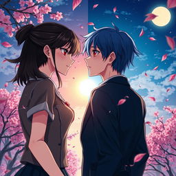 A romantic and dramatic scene from a spy fiction novel set in Tokyo, featuring Takashi and Suiren standing in opposite directions, gazing at each other