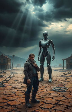 A desolated Earth landscape, featuring dry cracked soil, abandoned buildings, and a haunting atmosphere
