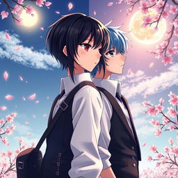 A captivating scene from the spy fiction novel 'Philtre of Fate', featuring Takashi and Suiren standing in opposite directions while looking at each other