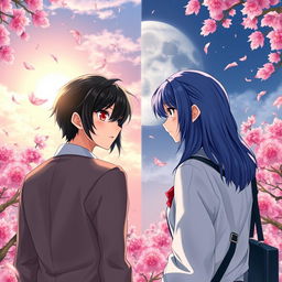 A captivating scene from the spy fiction novel 'Philtre of Fate', featuring Takashi and Suiren standing in opposite directions while looking at each other