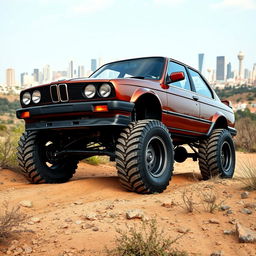 A BMW E30 car depicted in an off-road environment, equipped with large tractor wheels that add a rugged touch to its classic design