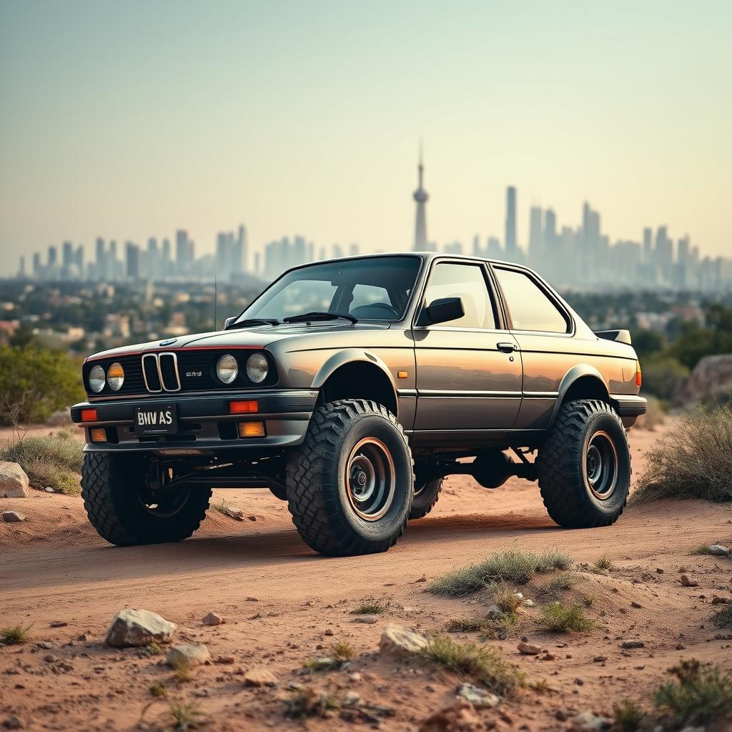 A BMW E30 car depicted in an off-road environment, equipped with large tractor wheels that add a rugged touch to its classic design