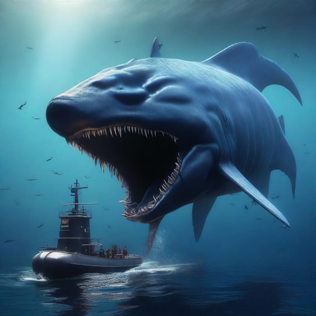 The world's largest sea monster devouring an incredibly small submarine in the deep ocean, depicted in 4K, hyper-realistic style