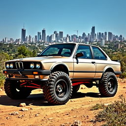 A BMW E30 car depicted in an off-road environment, equipped with large tractor wheels that add a rugged touch to its classic design