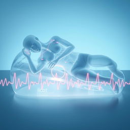 A surreal depiction of a transparent, frozen human figure in a sleeping position, captured in a medical context