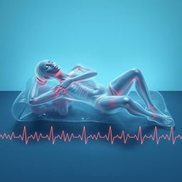 A surreal depiction of a transparent, frozen human figure in a sleeping position, captured in a medical context