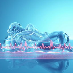 A surreal depiction of a transparent, frozen human figure in a sleeping position, captured in a medical context