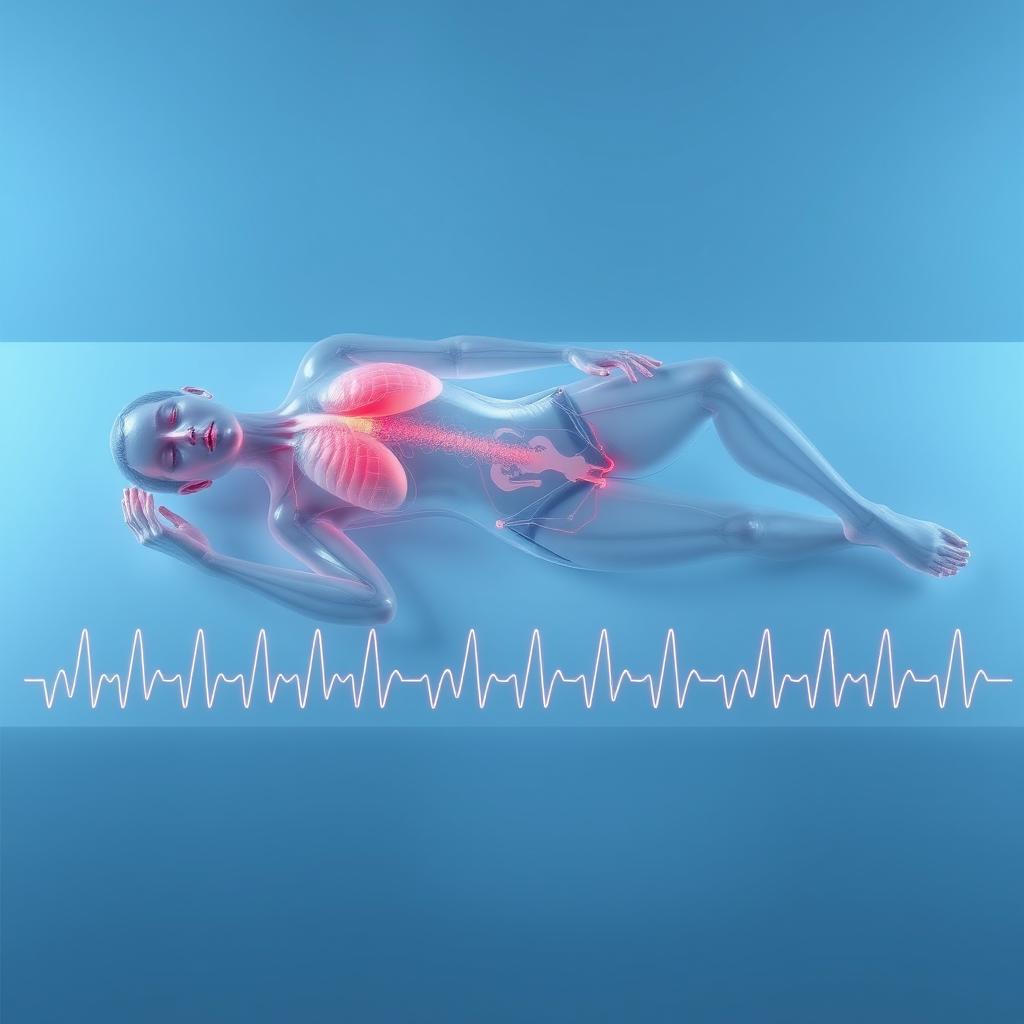 A surreal portrayal of a transparent, frozen human figure lying horizontally, captured in a medical context