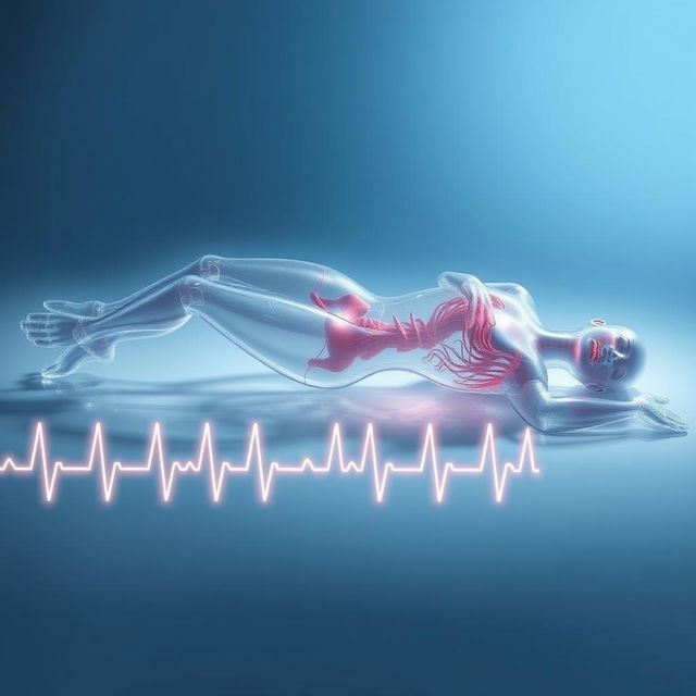 A surreal portrayal of a transparent, frozen human figure lying horizontally, captured in a medical context