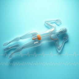 A surreal portrayal of a transparent, frozen human figure lying horizontally, captured in a medical context