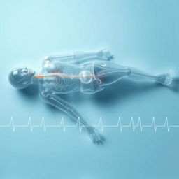 A surreal portrayal of a transparent, frozen human figure lying horizontally, captured in a medical context