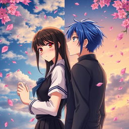 A captivating scene from the spy fiction novel 'Philtre of Fate', featuring Takashi and Suiren standing in opposite directions while locking eyes