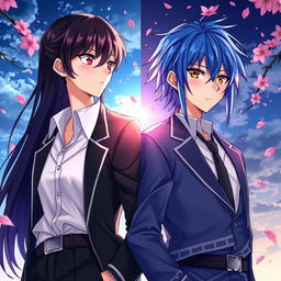 A captivating scene from the spy fiction novel 'Philtre of Fate', featuring Takashi and Suiren standing in opposite directions while locking eyes