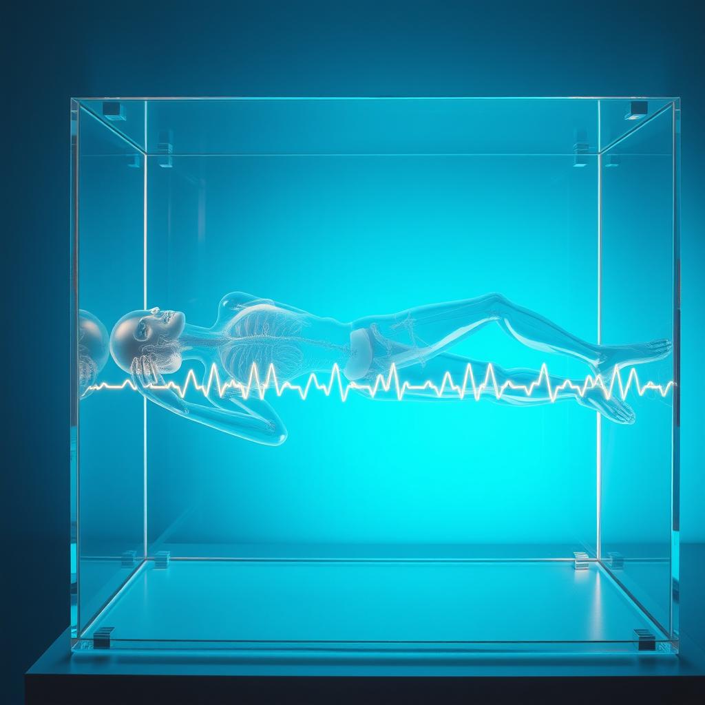 A surreal depiction of a transparent, frozen human figure lying horizontally in a transparent glass box, set within a medical environment