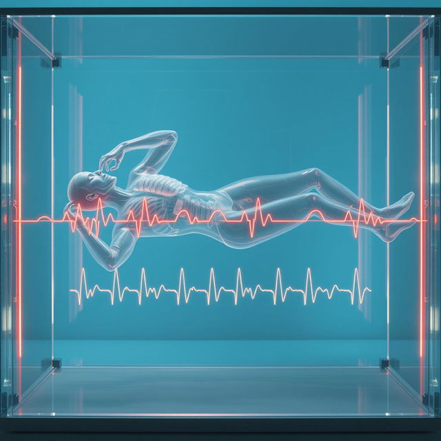 A surreal depiction of a transparent, frozen human figure lying horizontally in a transparent glass box, set within a medical environment