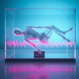 A surreal depiction of a transparent, frozen human figure lying horizontally in a transparent glass box, set within a medical environment