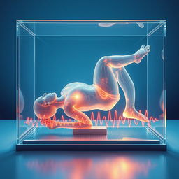 A surreal depiction of a transparent, frozen human figure lying horizontally in a transparent glass box, set within a medical environment