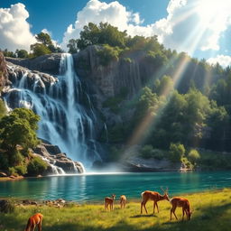 A serene landscape featuring a large, breathtaking waterfall cascading down rocky cliffs into a crystal-clear pool below