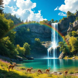 A serene landscape featuring a large, breathtaking waterfall cascading down rocky cliffs into a crystal-clear pool below