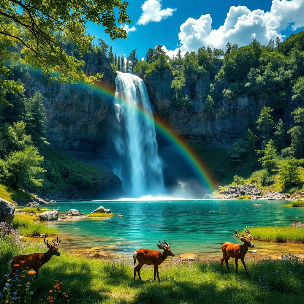 A serene landscape featuring a large, breathtaking waterfall cascading down rocky cliffs into a crystal-clear pool below