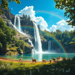 A serene landscape featuring a large, breathtaking waterfall cascading down rocky cliffs into a crystal-clear pool below
