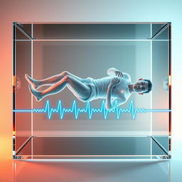 An imaginative depiction of a man in a frozen, transparent horizontal position, encased in a sleek, transparent glass box