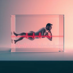 An imaginative depiction of a man in a frozen, transparent horizontal position, encased in a sleek, transparent glass box