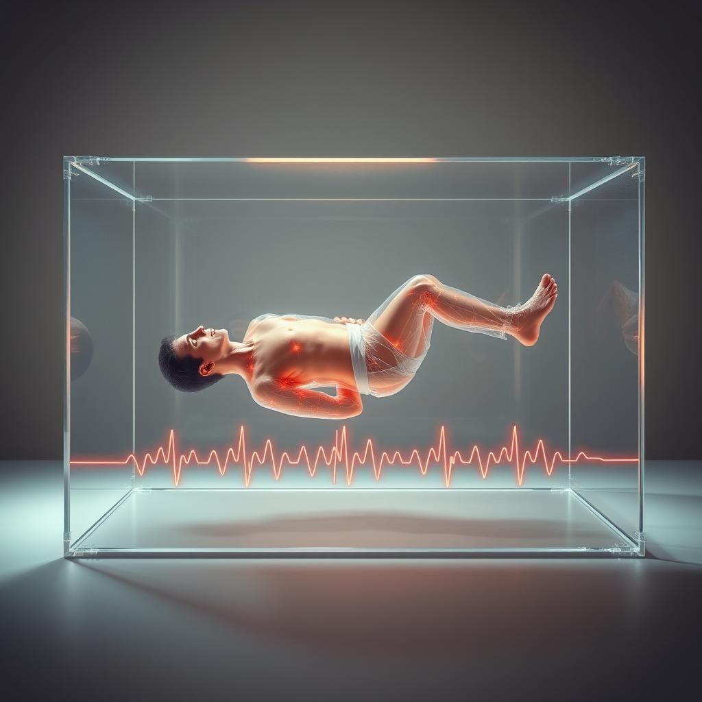 An imaginative depiction of a man in a frozen, transparent horizontal position, encased in a sleek, transparent glass box