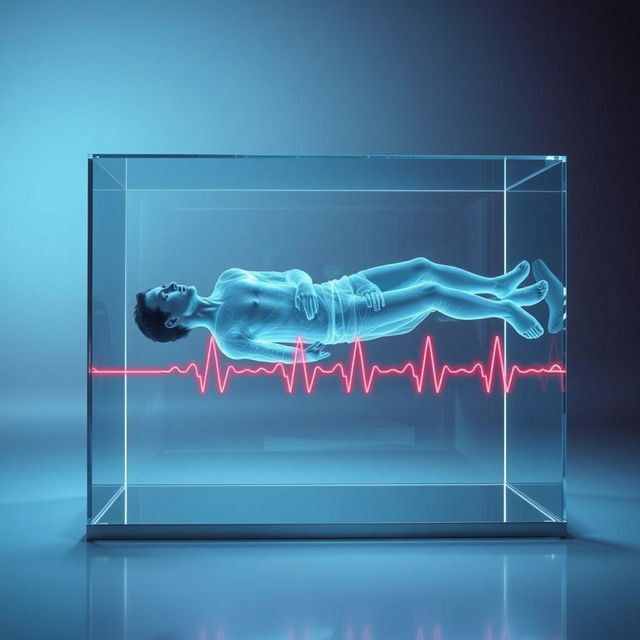 An imaginative depiction of a man in a frozen, transparent horizontal position, encased in a sleek, transparent glass box