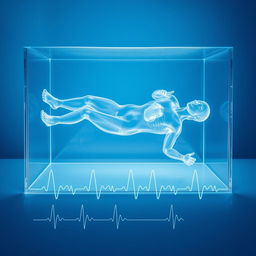 An imaginative scene depicting a frozen, transparent human figure positioned horizontally within a transparent glass box, evoking a sense of medical examination