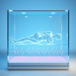 An imaginative scene depicting a frozen, transparent human figure positioned horizontally within a transparent glass box, evoking a sense of medical examination