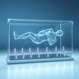 An imaginative scene depicting a frozen, transparent human figure positioned horizontally within a transparent glass box, evoking a sense of medical examination