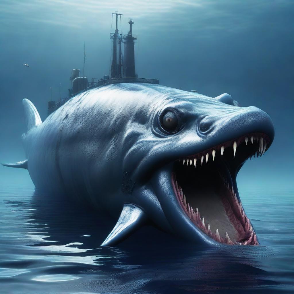 The world's largest sea monster in the deep ocean, preying on a small submarine, depicted in 4K, hyper-realistic style.