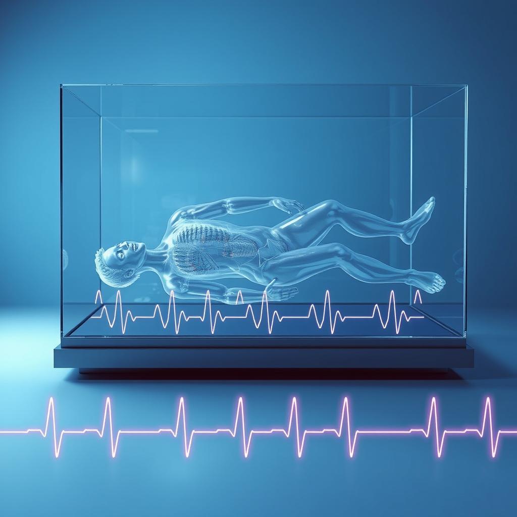 An imaginative scene depicting a frozen, transparent human figure positioned horizontally within a transparent glass box, evoking a sense of medical examination